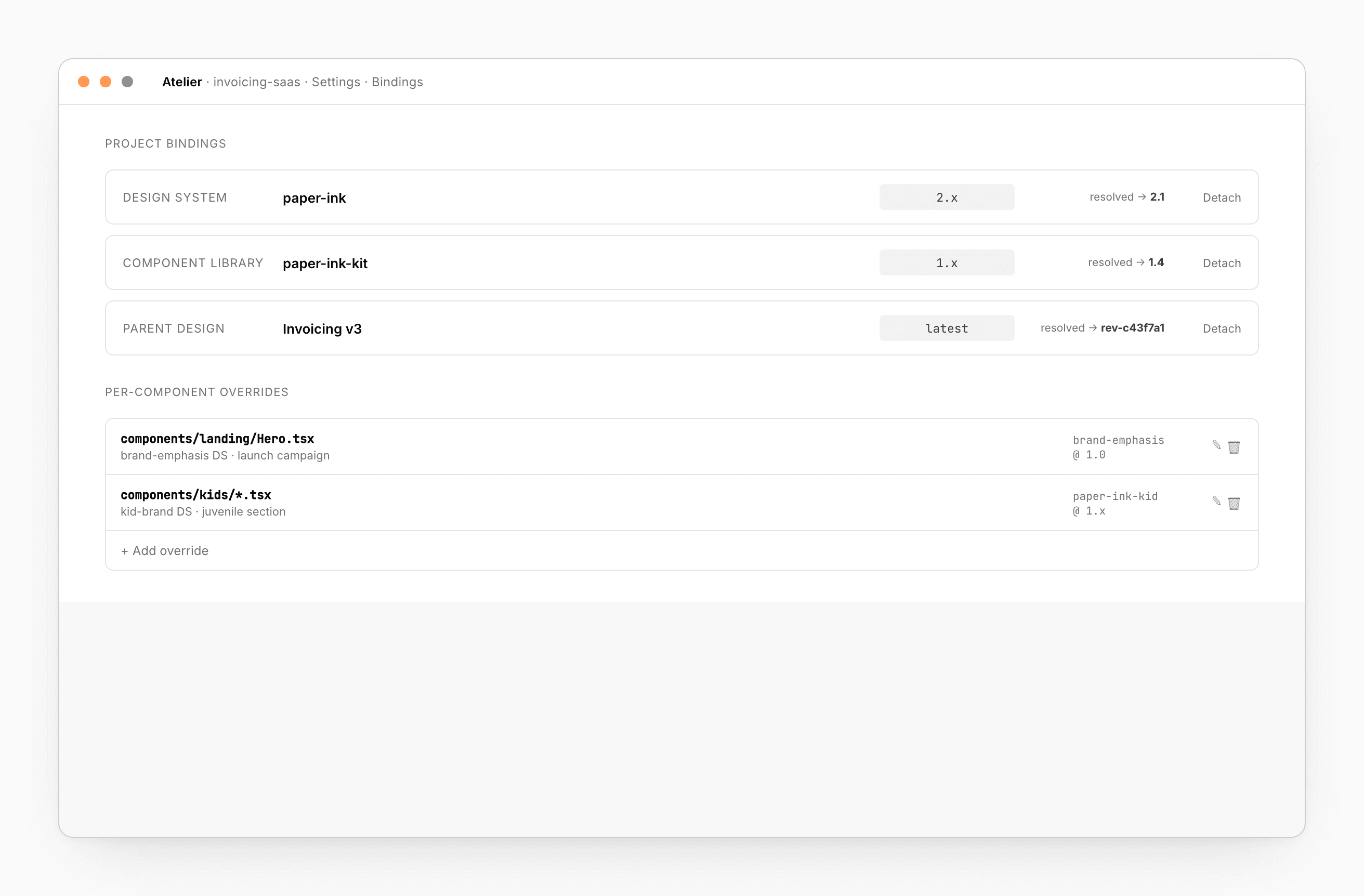 The Bindings panel — current DS, CL, and Design bindings with version pickers, and a per-component overrides table at the bottom