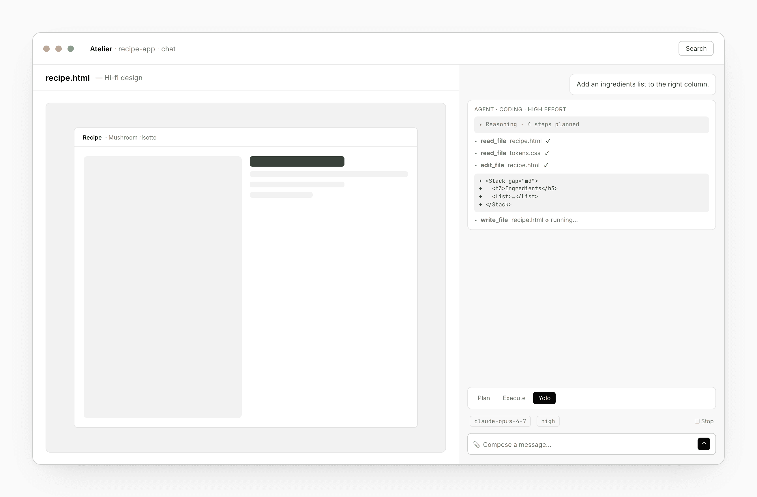 The chat panel with a reasoning bubble open, a tool-call diff in the message thread, and the mode picker (Plan / Execute / Yolo) above the composer