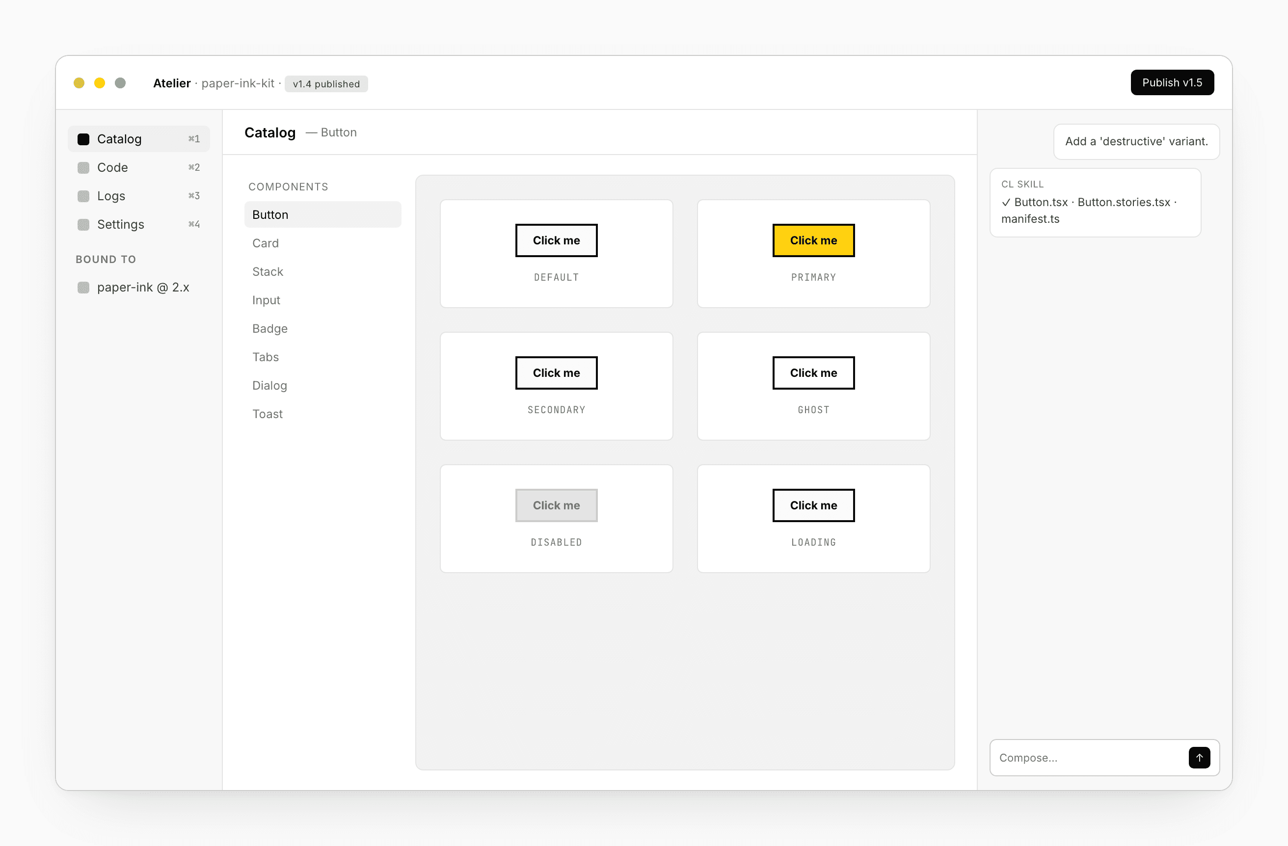 The Component library workspace — Catalog tab open with Storybook-style component variants, Code tab adjacent