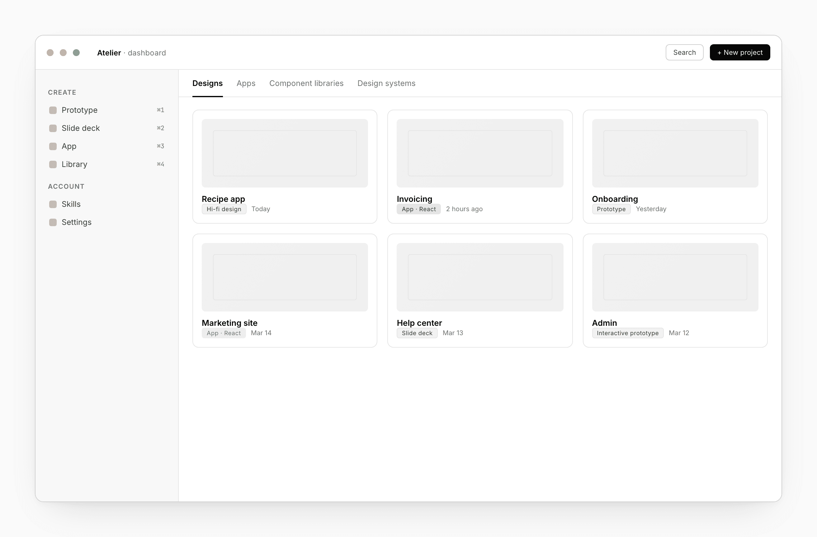 The Studio Dashboard with the four section tabs and a project card grid