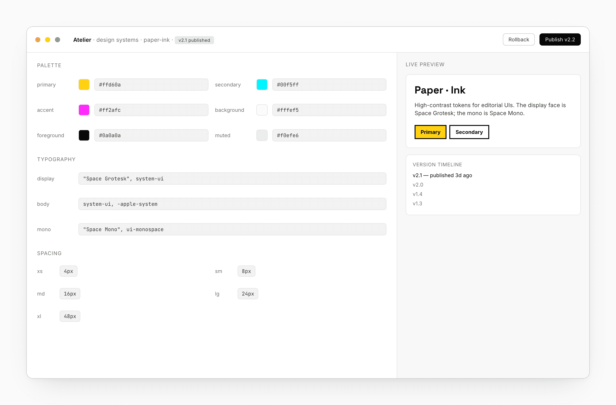 The DS editor — token groups for palette, typography, spacing, borders, shadows; color swatches with native pickers; a live preview on the right