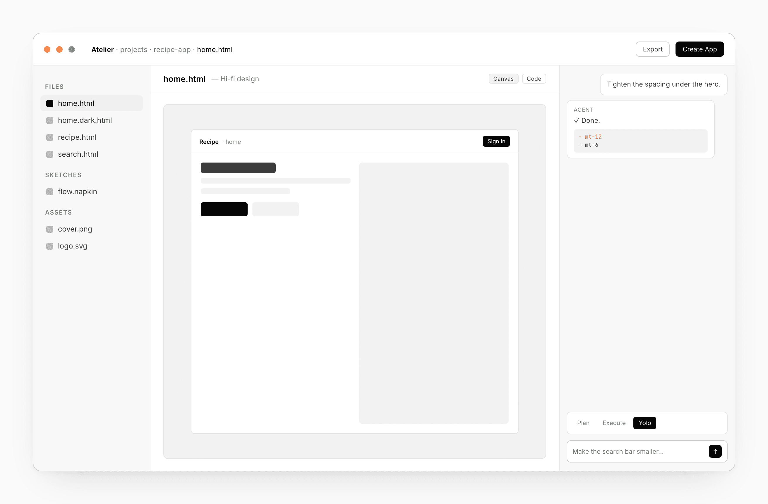 The design workspace — file list on the left, canvas in the middle with a draw overlay, preview on the right, chat at the bottom