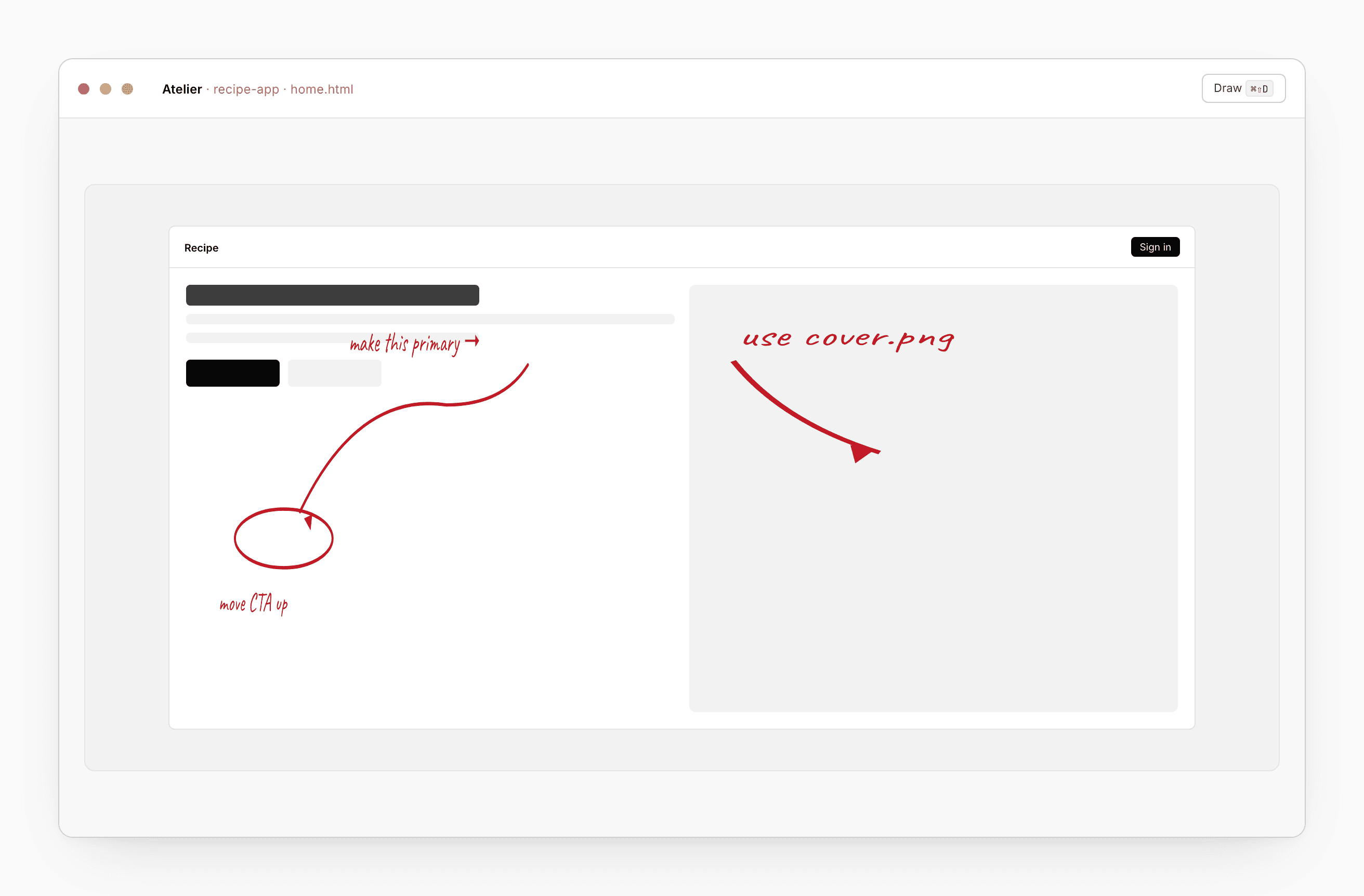 Draw overlay over a rendered design, with arrows and notes the chat will read on the next turn