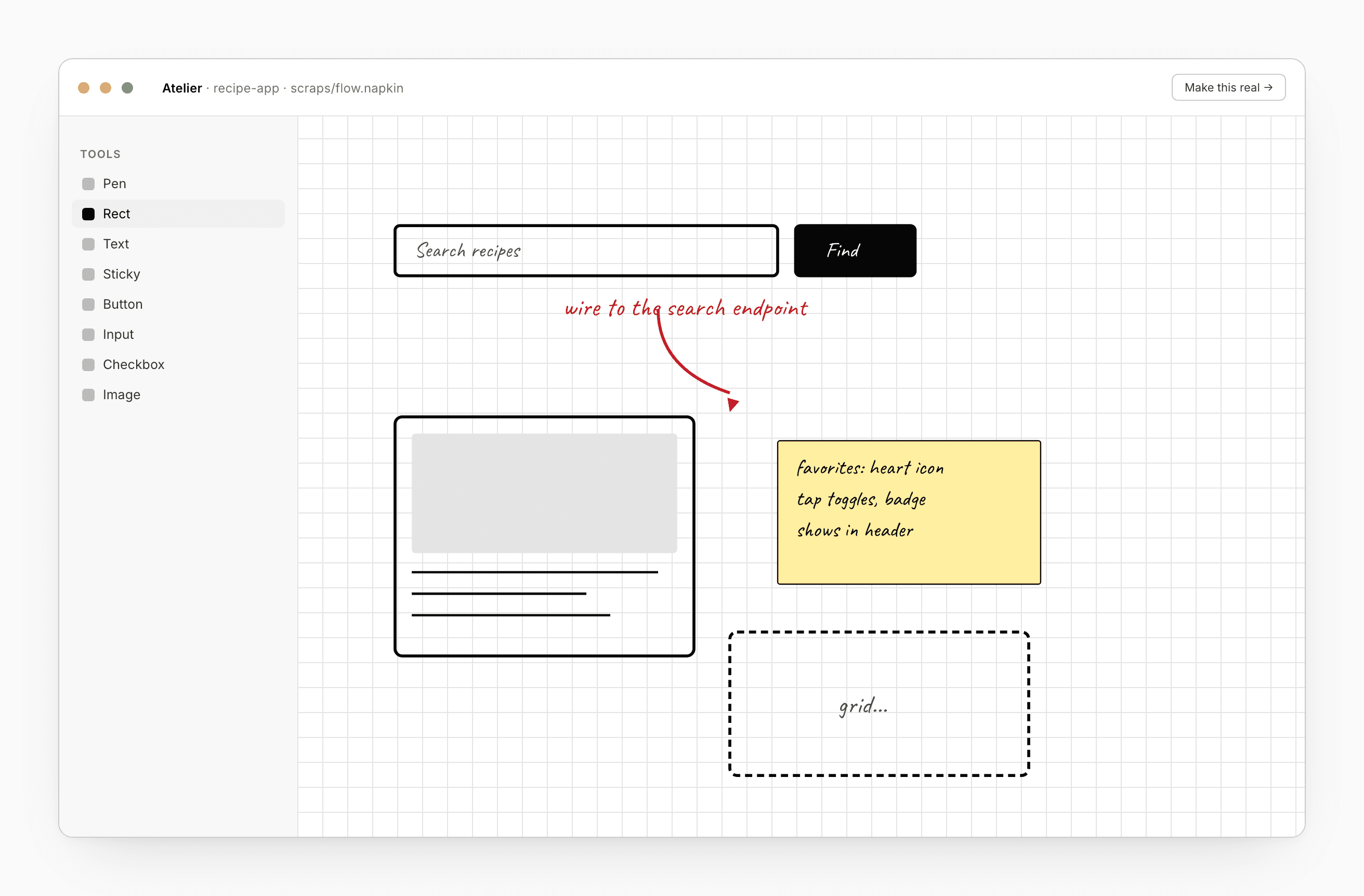 A napkin open in the workspace — a freehand sketch with a few rectangles labeled "button" and "input", and a sticky note saying "wire this to the search endpoint"