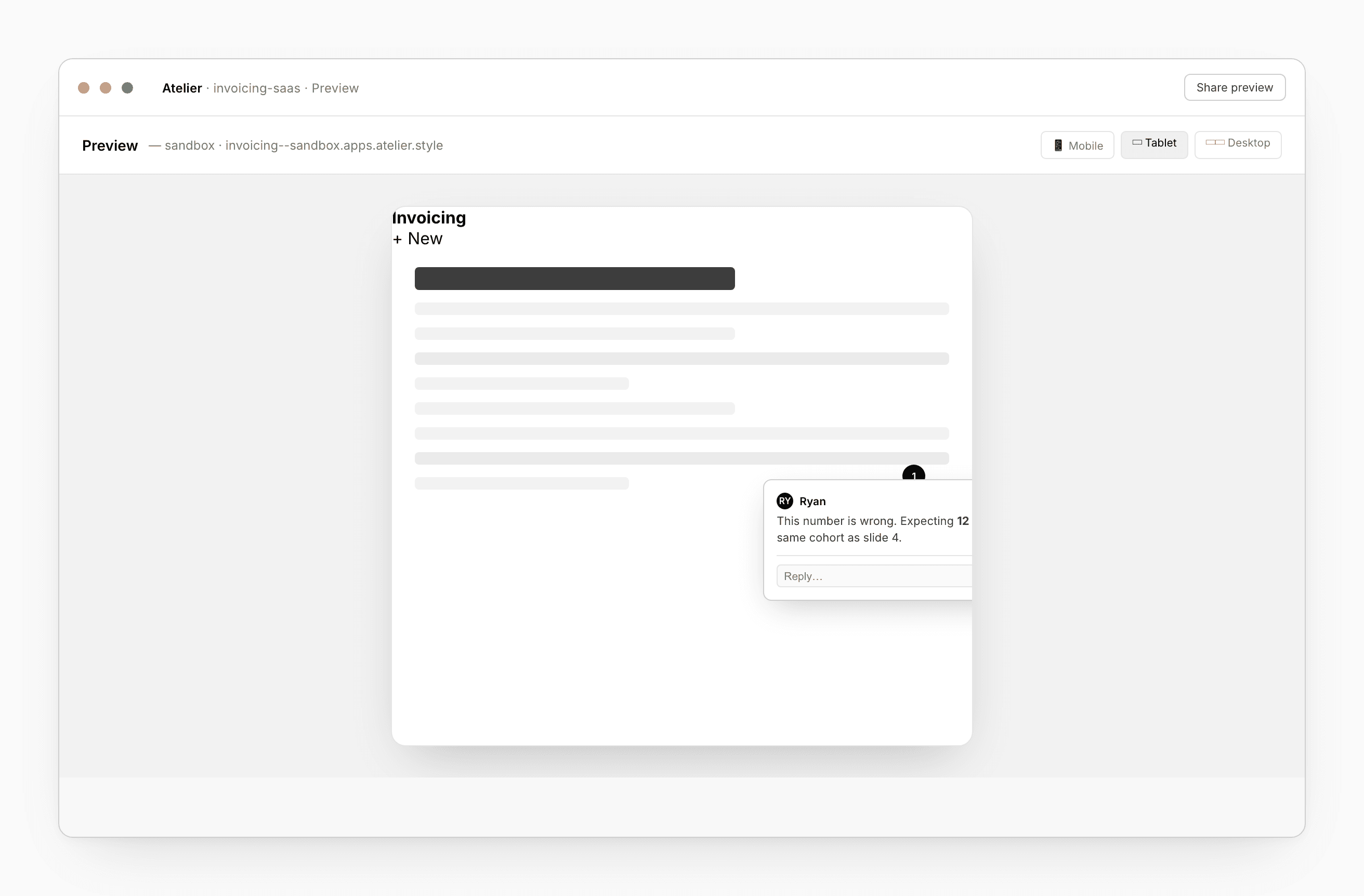 The Preview panel rendering an app, with a viewport toolbar at the top and a comment thread pinned to a button on the page