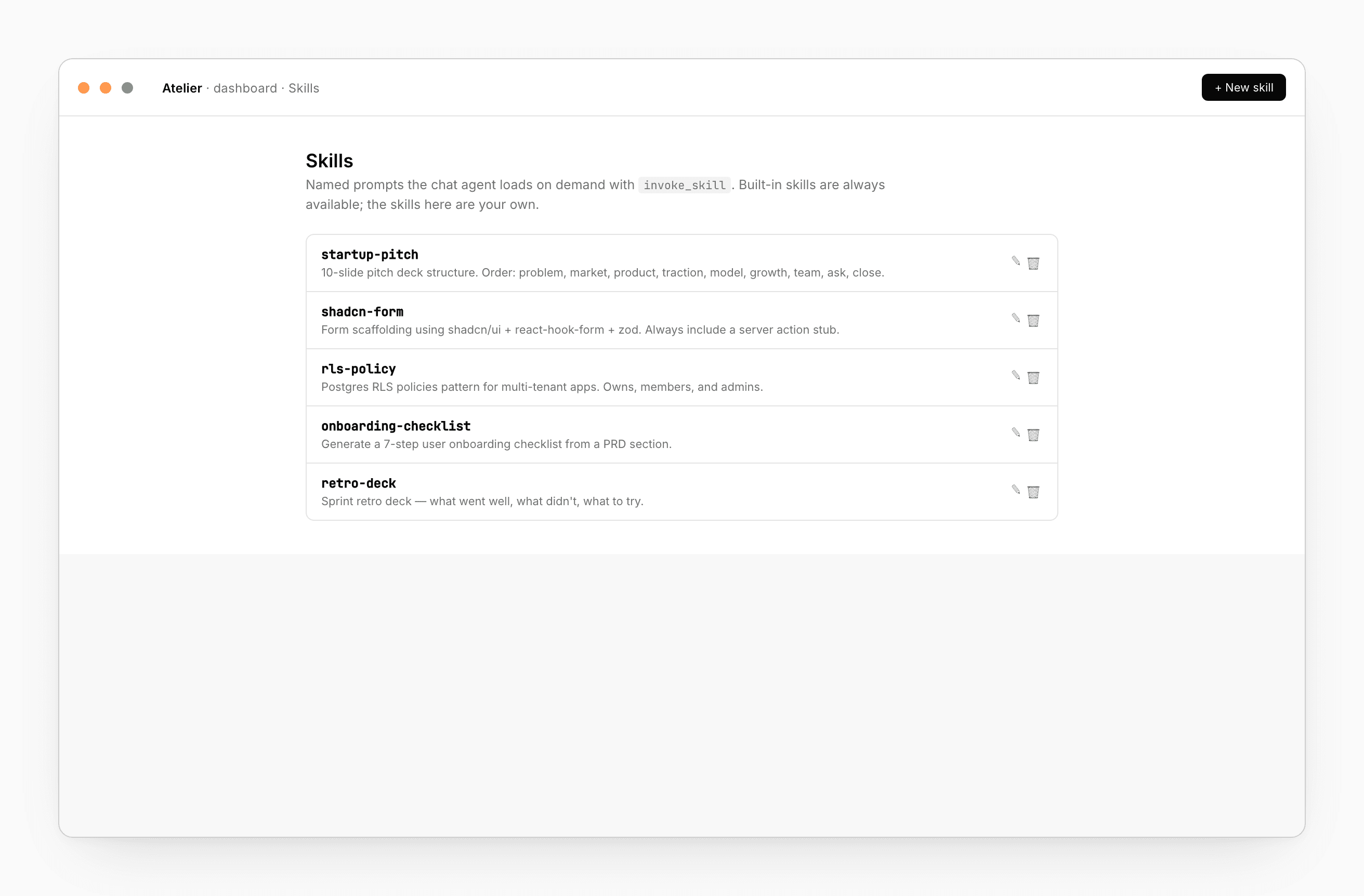 The Skills manager — a list of custom skills with name and description, an Add button, and edit / delete icons per row