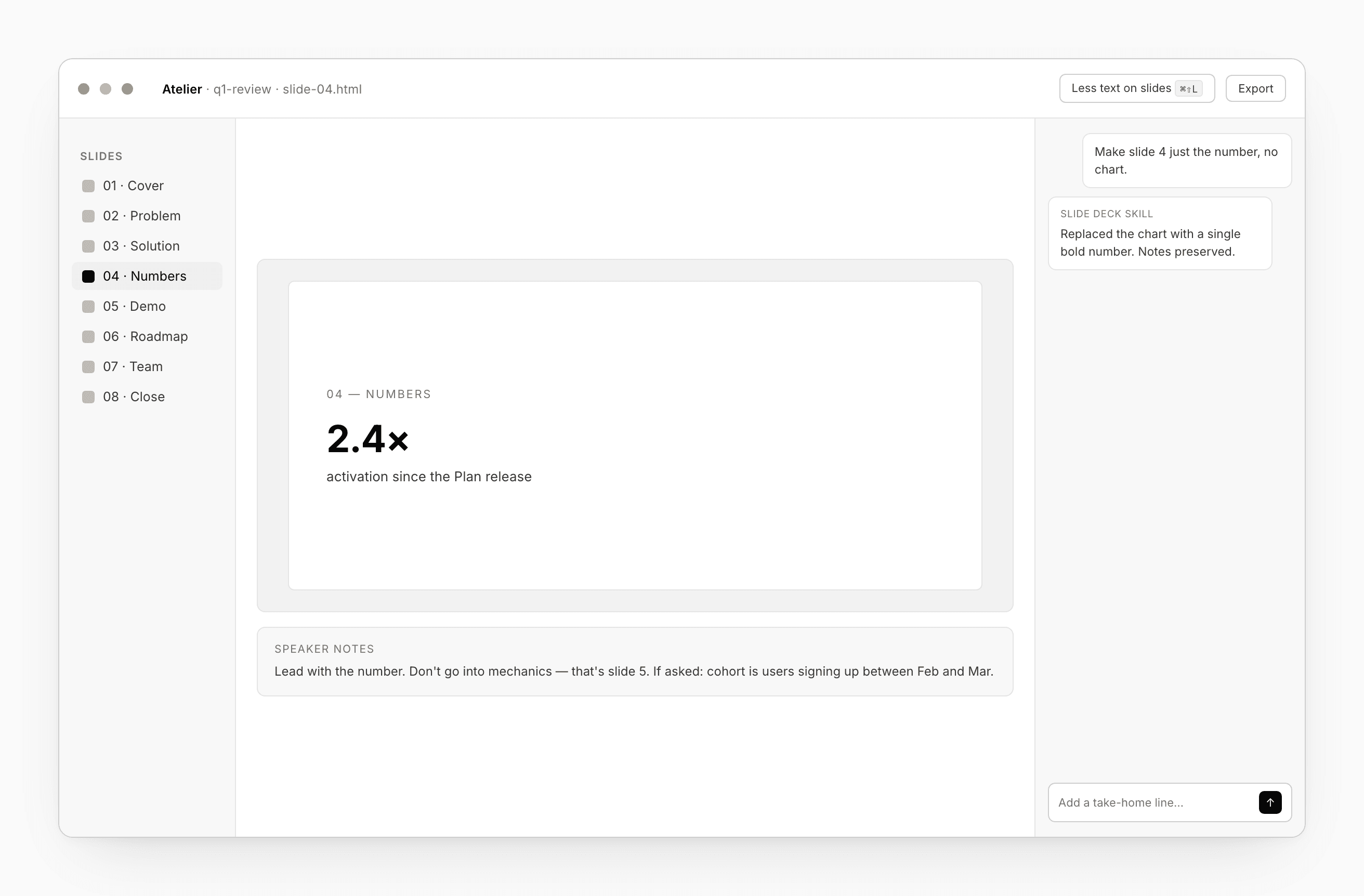 A slide deck workspace, slide list on the left, current slide rendered in the middle, speaker notes drawer open at the bottom