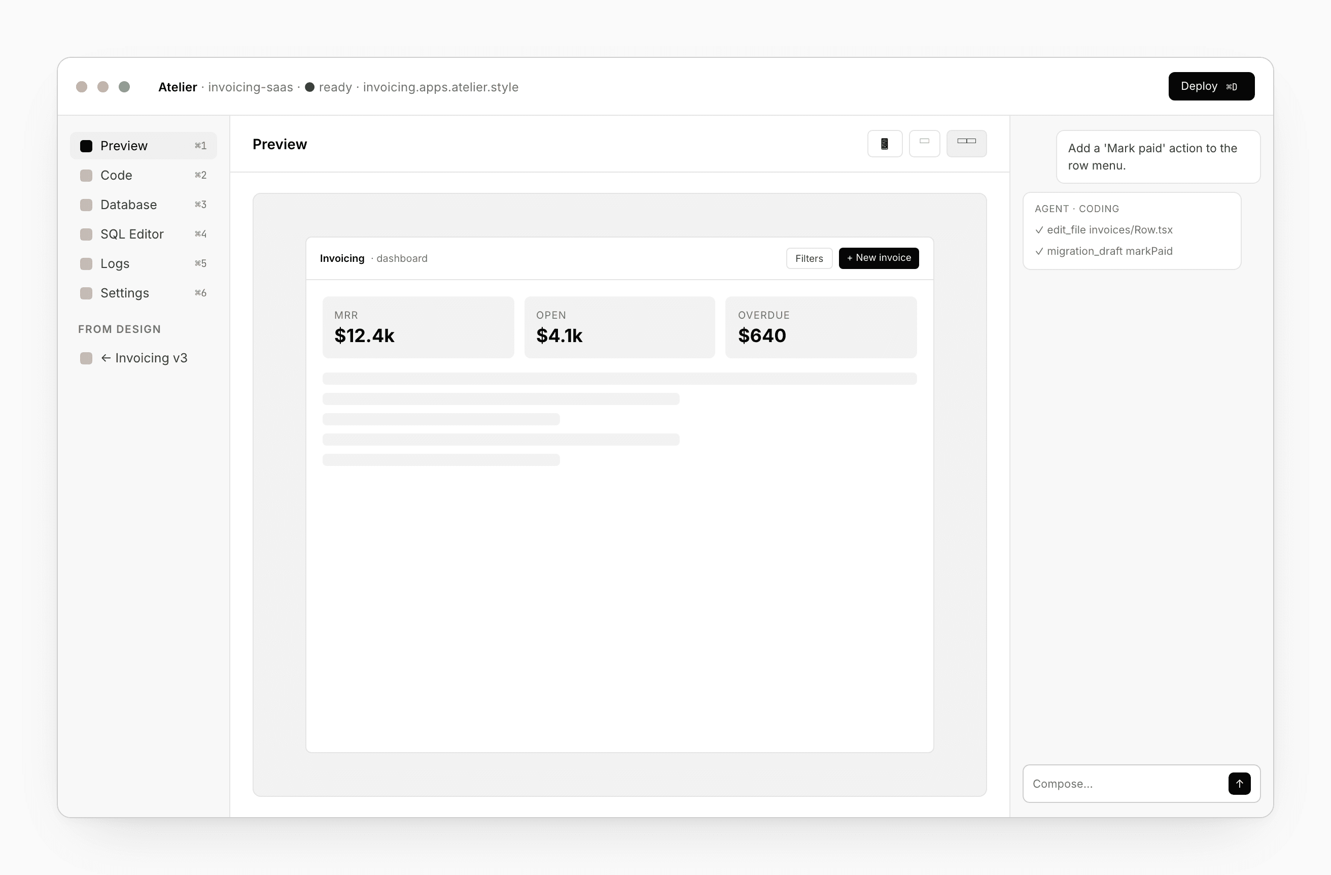 The App workspace, with the six-tab rail on the left, Preview in the middle, chat on the right, and a "Deploy" button in the header